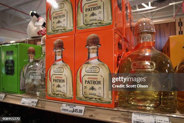 Patrón tequila is offered for sale at a liquor store on January 22, 2018 in Chicago, Illinois. Rum giant Bacardi Ltd., which currently has a 30...