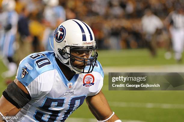 Linebacker David Thornton of the Tennessee Titans looks on from the field before a game against the Pittsburgh Steelers at Heinz Field on September...