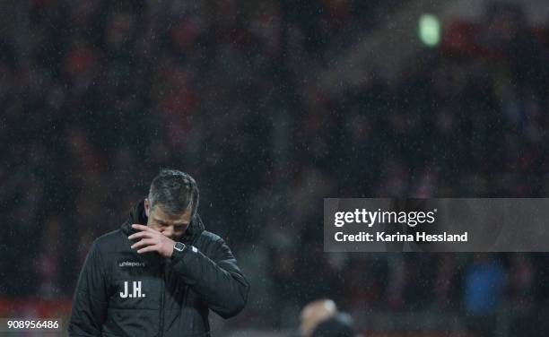 Headcoach Jens Haertel of Magdeburg reacts during the 3.Liga match between FC Rot Weiss Erfurt and 1.FC Magdeburg at Arena Erfurt on January 22, 2018...