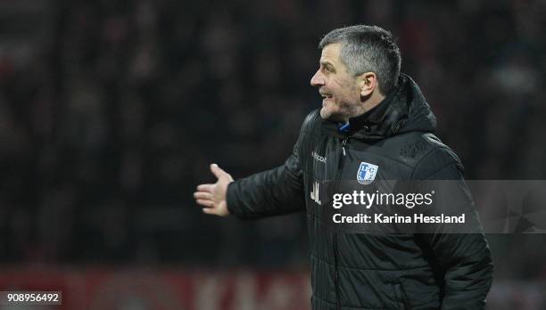 Headcoach Jens Haertel of Magdeburg reacts during the 3.Liga match between FC Rot Weiss Erfurt and 1.FC Magdeburg at Arena Erfurt on January 22, 2018...