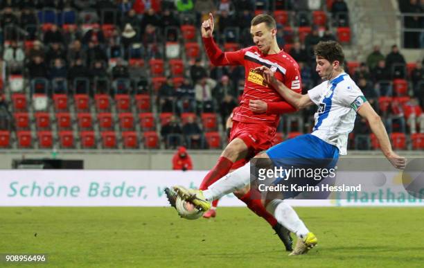 Florian Neuhold of Erfurt challenges Marius Sowislo of Magdeburg during the 3.Liga match between FC Rot Weiss Erfurt and 1.FC Magdeburg at Arena...