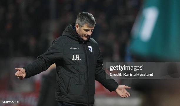 Headcoach Jens Haertel of Magdeburg reacts during the 3.Liga match between FC Rot Weiss Erfurt and 1.FC Magdeburg at Arena Erfurt on January 22, 2018...