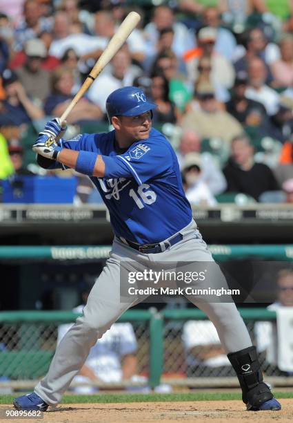 Billy Butler of the Kansas City Royals bats against the Detroit Tigers during the game at Comerica Park on September 17, 2009 in Detroit, Michigan....