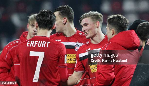 Team of Erfurt celebrates after the match during the 3.Liga match between FC Rot Weiss Erfurt and 1.FC Magdeburg at Arena Erfurt on January 22, 2018...