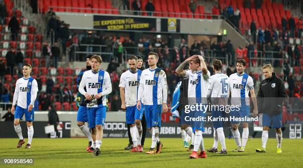 Team of Magdeburg looks dejected after the 3.Liga match between FC Rot Weiss Erfurt and 1.FC Magdeburg at Arena Erfurt on January 22, 2018 in Erfurt,...