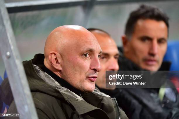 Ajaccio coach Olivier Pantaloni, AC Ajaccio assistant coach Alexandre Dujeux and AC Ajaccio goalkeeping coach Thierry Debes during the Ligue 2 match...