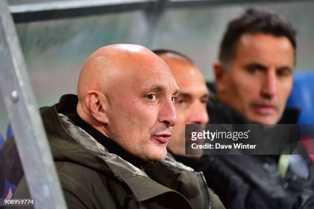 Ajaccio coach Olivier Pantaloni, AC Ajaccio assistant coach Alexandre Dujeux and AC Ajaccio goalkeeping coach Thierry Debes during the Ligue 2 match...