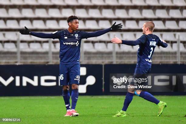 Dylan Saint Louis of Paris FC celebrates after scoring his second goal to put his side 2-0 ahead during the Ligue 2 match between Paris FC and AC...
