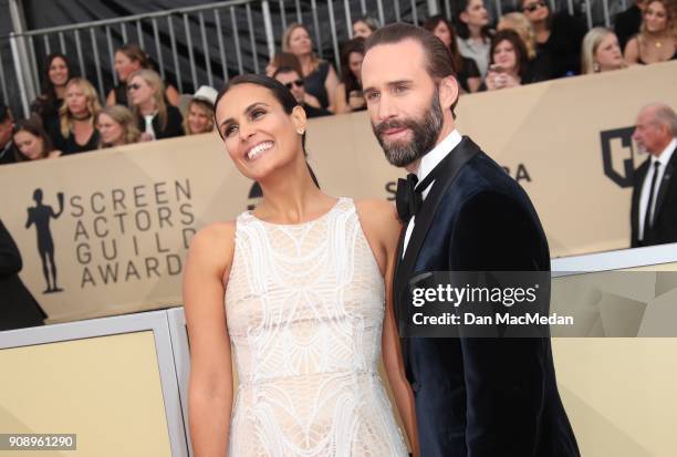 Maria Dolores Dieguez and Joseph Fiennes arrive at the 24th Annual Screen Actors Guild Awards at The Shrine Auditorium on January 21, 2018 in Los...