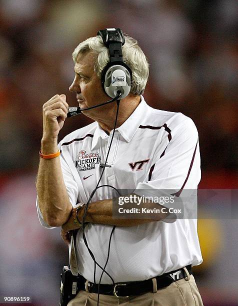 Head coach Frank Beamer of the Virginia Tech Hokies against the Alabama Crimson Tide during the Chick-fil-A Kickoff Game at Georgia Dome on September...