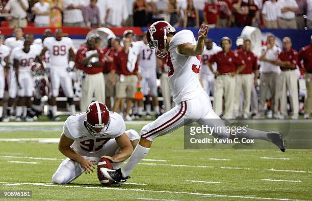 Kicker Leigh Tiffin of the Alabama Crimson Tide against the Virginia Tech Hokies during the Chick-fil-A Kickoff Game at Georgia Dome on September 5,...