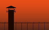 Silhouette watch tower and barbed wire fence in flat icon design on orange color background