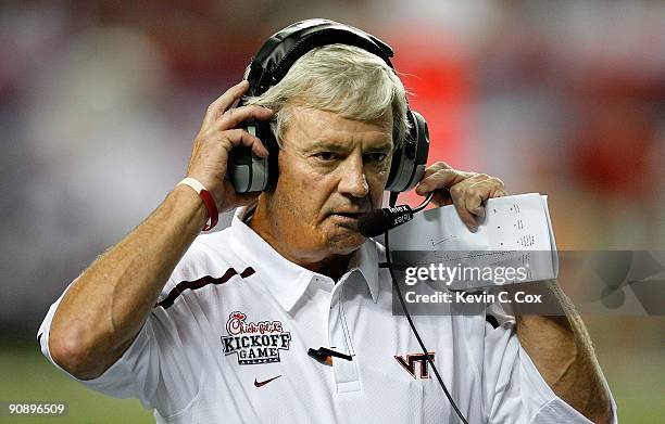 Head coach Frank Beamer of the Virginia Tech Hokies against the Alabama Crimson Tide during the Chick-fil-A Kickoff Game at Georgia Dome on September...