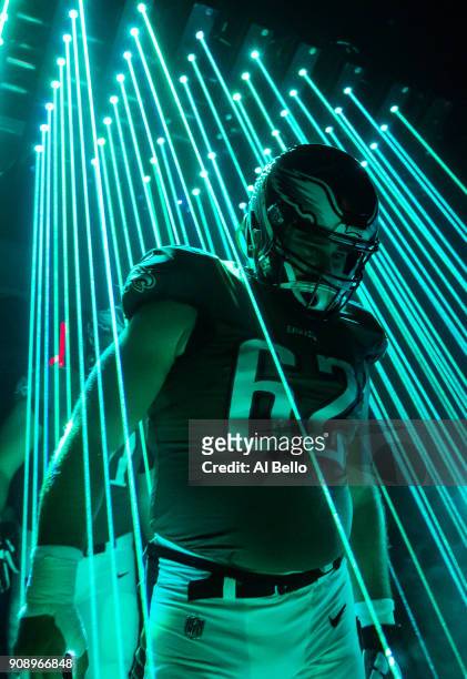 Jason Kelce of the Philadelphia Eagles walks out on to the field prior to the NFC Championship game against the Minnesota Vikings at Lincoln...