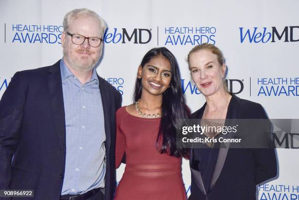 Jeannie Gaffigan and her husband Jim Gaffigan with Kavya Kopparapu pose for a photo during the 2018 WebMD Health Heroes Awards at WebMD headquarters...