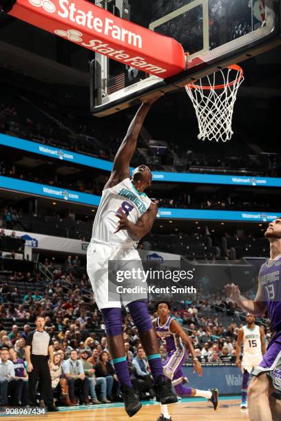 Johnny O'Bryant III of the Charlotte Hornets shoots the ball during the game against the Sacramento Kings on January 22, 2018 at Spectrum Center in...