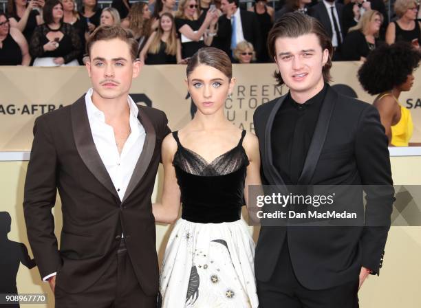 Dacre Montgomery, Natalia Dyer and Joe Keery arrive at the 24th Annual Screen Actors Guild Awards at The Shrine Auditorium on January 21, 2018 in Los...