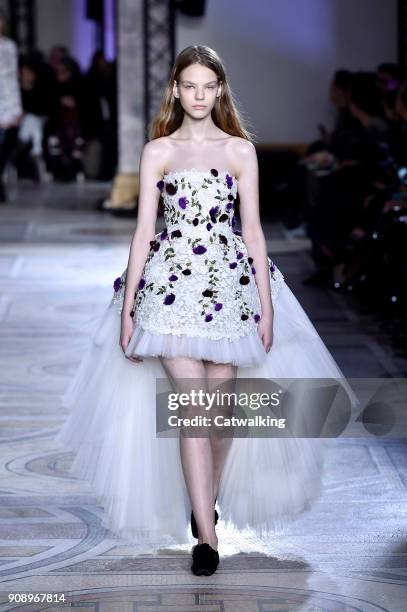 Model walks the runway at the Giambattista Valli Spring Summer 2018 fashion show during Paris Haute Couture Fashion Week on January 22, 2018 in...