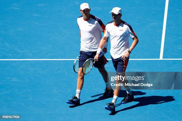 Bob Bryan of the United States and Mike Bryan of the United States compete in their legend's doubles match against Aisam-Ul-Haq Qureshi of Pakistan...