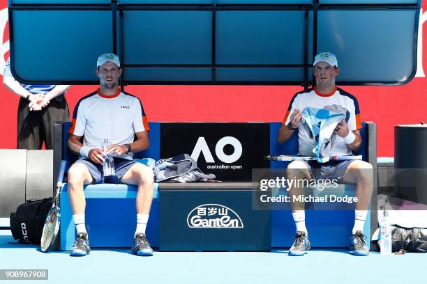 Bob Bryan of the United States and Mike Bryan of the United States compete in their legend's doubles match against Aisam-Ul-Haq Qureshi of Pakistan...