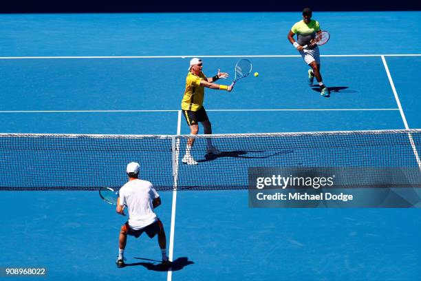 Aisam-Ul-Haq Qureshi of Pakistan and Marcin Matkowski of Poland compete in their legend's doubles match against Bob Bryan of the United States and...