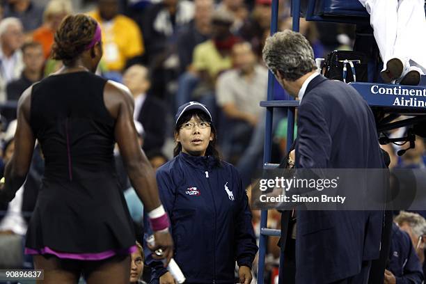 Serena Williams upset, talking to line judge, Grand Slam supervisor Donna Kelso, and head referee Brian Earley during Women's Semifinals vs Belgium...