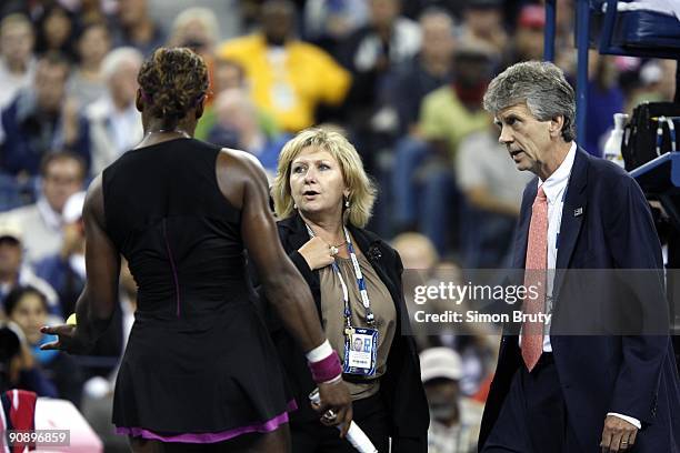 Serena Williams upset, talking to Grand Slam supervisor Donna Kelso and head referee Brian Earley during Women's Semifinals vs Belgium Kim Clijsters...