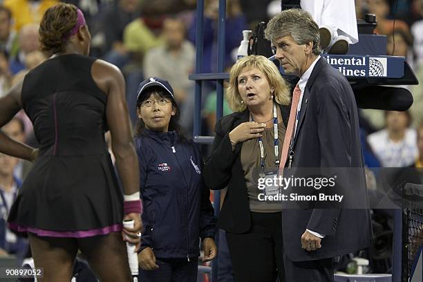 Serena Williams upset, talking to line judge, Grand Slam supervisor Donna Kelso, and head referee Brian Earley during Women's Semifinals vs Belgium...
