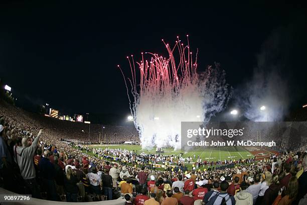 Rose Bowl: Overall view of fireworks on field at Rose Bowl Stadium before BCS Championship game between Texas and USC. Pasadena, CA 1/4/2006 CREDIT:...