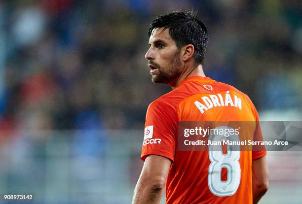 Adrian Gonzalez of Malaga CF reacts during the La Liga match between SD Eibar and Malaga CF at Ipurua Municipal Stadium on January 22, 2018 in Eibar,...