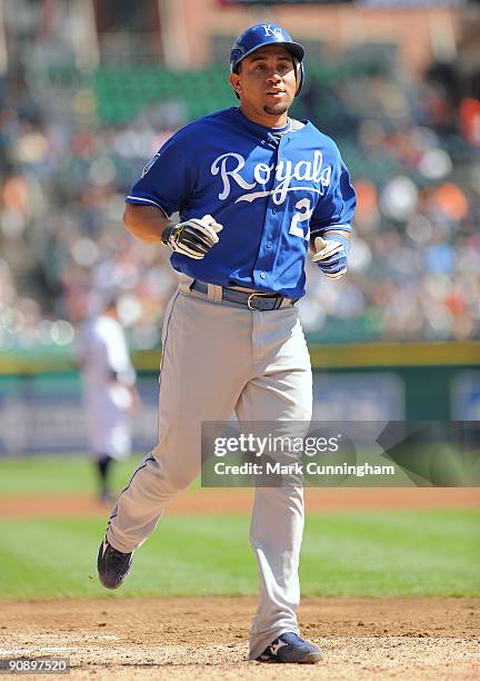 Miguel Olivo of the Kansas City Royals crosses home plate after hitting a three-run home run in the 3rd inning against the Detroit Tigers during the...