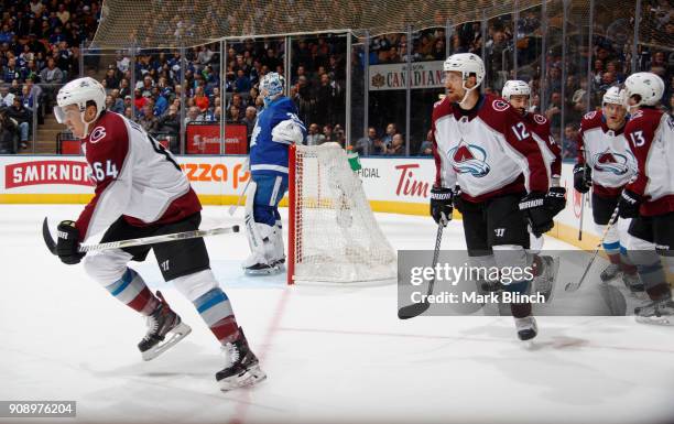 Nail Yakupov of the Colorado Avalanche reacts after scoring on Frederik Andersen of the Toronto Maple Leafs during the second period at the Air...