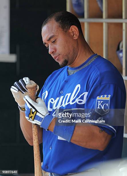 Miguel Olivo of the Kansas City Royals inspects his bat in the dugout against the Detroit Tigers during the game at Comerica Park on September 17,...