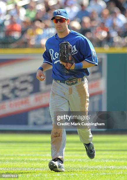 Willie Bloomquist of the Kansas City Royals runs off the field during action against the Detroit Tigers at Comerica Park on September 17, 2009 in...