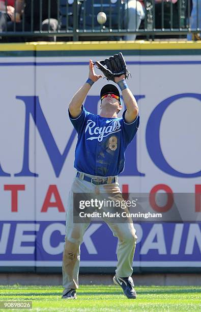 Willie Bloomquist of the Kansas City Royals catches a fly ball against the Detroit Tigers at Comerica Park on September 17, 2009 in Detroit,...