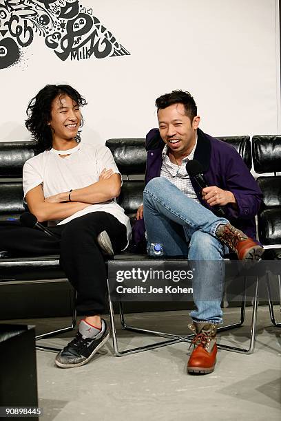 Designers Alexander Wang and Humberto Leon speak at the panel discussion on the current state & future of the fashion industry hosted by MAC & Milk...