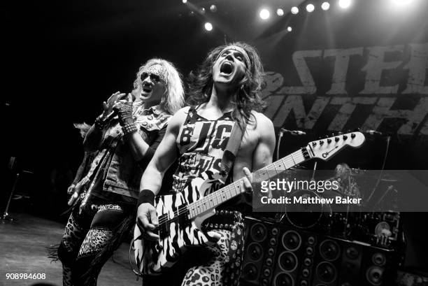 Michael Starr and Satchel of Steel Panther perform at Shepherd's Bush Empire on January 22, 2018 in London, England.