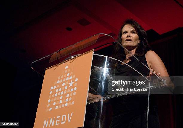 Master of Ceremonies Denise Brown speaks during the National Network To Domestic Violence's 2nd Annual Fall Gala at the Mandarin Oriental Hotel on...