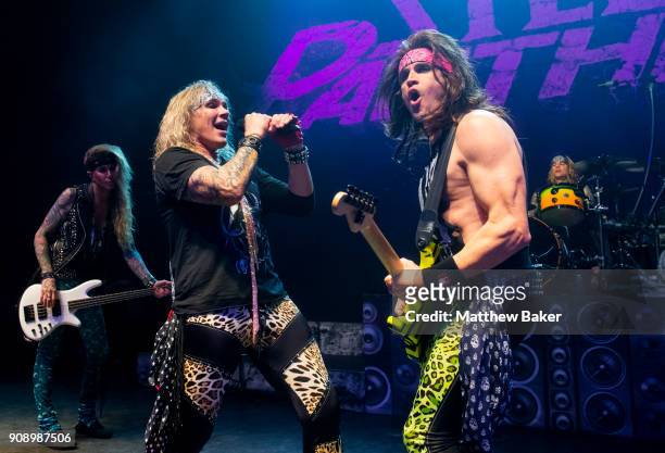 Lexxi Foxxx, Michael Starr and Satchel of Steel Panther perform at Shepherd's Bush Empire on January 22, 2018 in London, England.