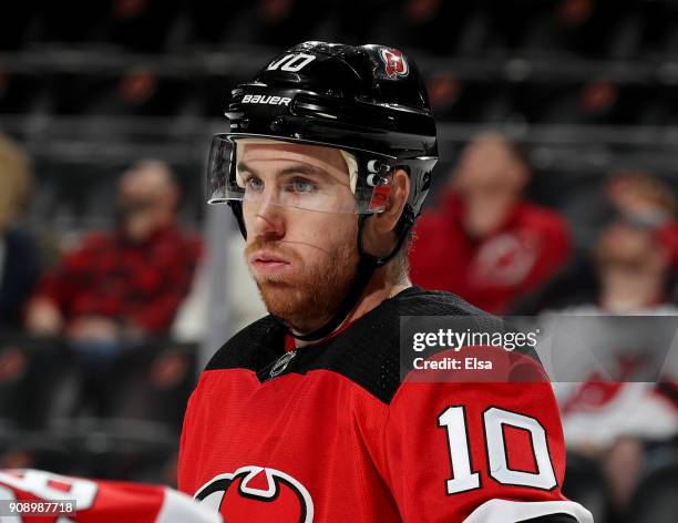 Jimmy Hayes of the New Jersey Devils reacts in the third period against the Detroit Red Wings on January 22, 2018 at Prudential Center in Newark, New...