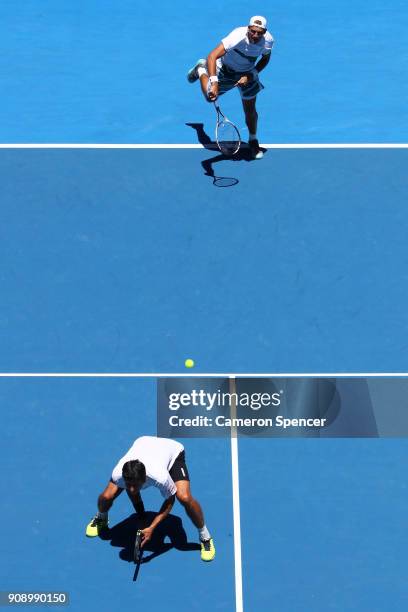 Lukasz Kubot of Poland and Marcelo Melo of Brazil compete in their fourth round men's doubles final against Ben McLachlan of Japan and Jan-Lennard...