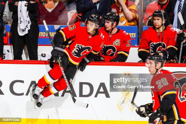 Johnny Gaudreau of the Calgary Flames jumps to the ice in an NHL game on January 22, 2018 at the Scotiabank Saddledome in Calgary, Alberta, Canada.