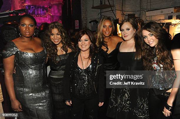 Singers Jennifer Hudson, Jordin Sparks, Kelly Clarkson, Leona Lewis, Adele and Miley Cyrus attend 2009 VH1 Divas at Brooklyn Academy of Music on...