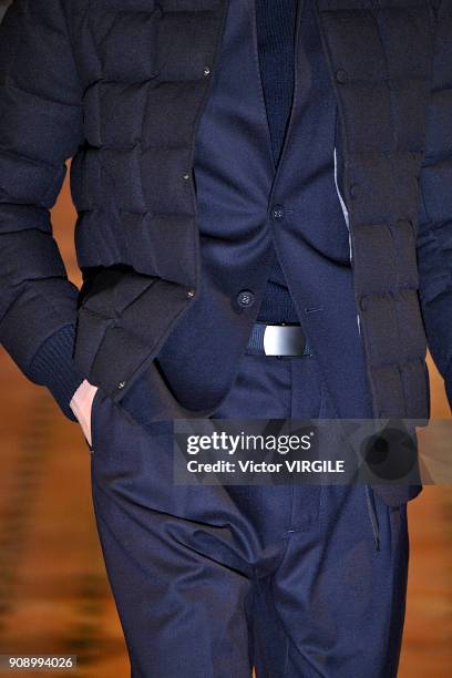 Model walks the runway during the Officine Generale Menswear Fall/Winter 2018-2019 show as part of Paris Fashion Week on January 21, 2018 in Paris,...