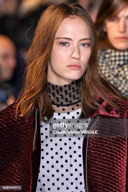 Model walks the runway during the Officine Generale Menswear Fall/Winter 2018-2019 show as part of Paris Fashion Week on January 21, 2018 in Paris,...