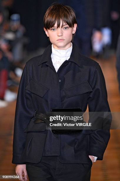 Model walks the runway during the Officine Generale Menswear Fall/Winter 2018-2019 show as part of Paris Fashion Week on January 21, 2018 in Paris,...