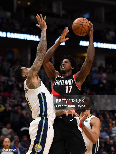 Portland Trail Blazers forward Ed Davis goes up for a shot on Denver Nuggets forward Wilson Chandler during the second quarter on January 22, 2018 at...