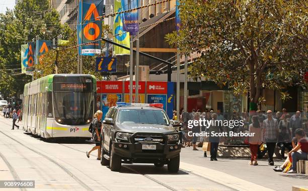 General view of a police car on Bourke Street as a memorial held for victims of the Bourke Street Mall Attack is held on January 23, 2018 in...