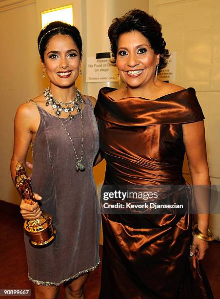 Actress Salma Hayek , recipient of the Anthony Quinn Award for Industry Excellence, and NCLR President and CEO Janet Murguia pose during the 2009...