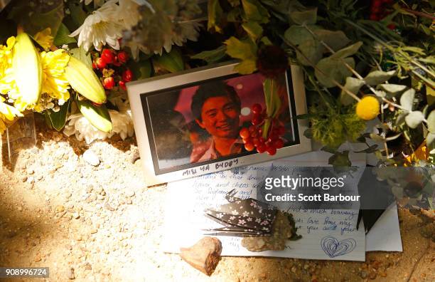 Tribute to a victim is seen on Bourke Street as a memorial is held for victims of the Bourke Street Mall Attack on January 23, 2018 in Melbourne,...